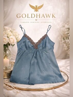 NWT Gold Hawk Camisole in Niagara Blue Silk with Lace Trim Size Medium